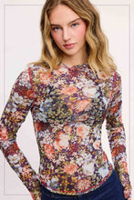 Load image into Gallery viewer, Floral Fields Semi Sheer Crew Neck Long Sleeve Mesh Layering Top: Brown
