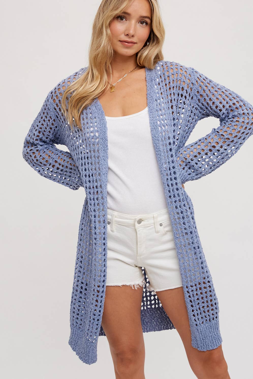 Chambray Open Knit Longline Cardi