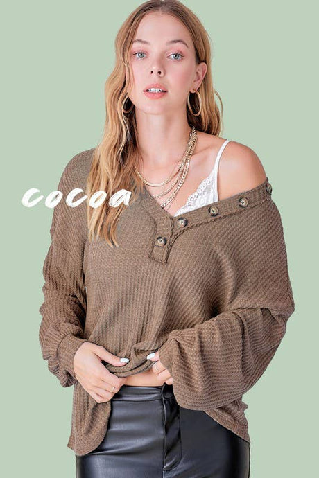 Brown waffle-knit long-sleeved top