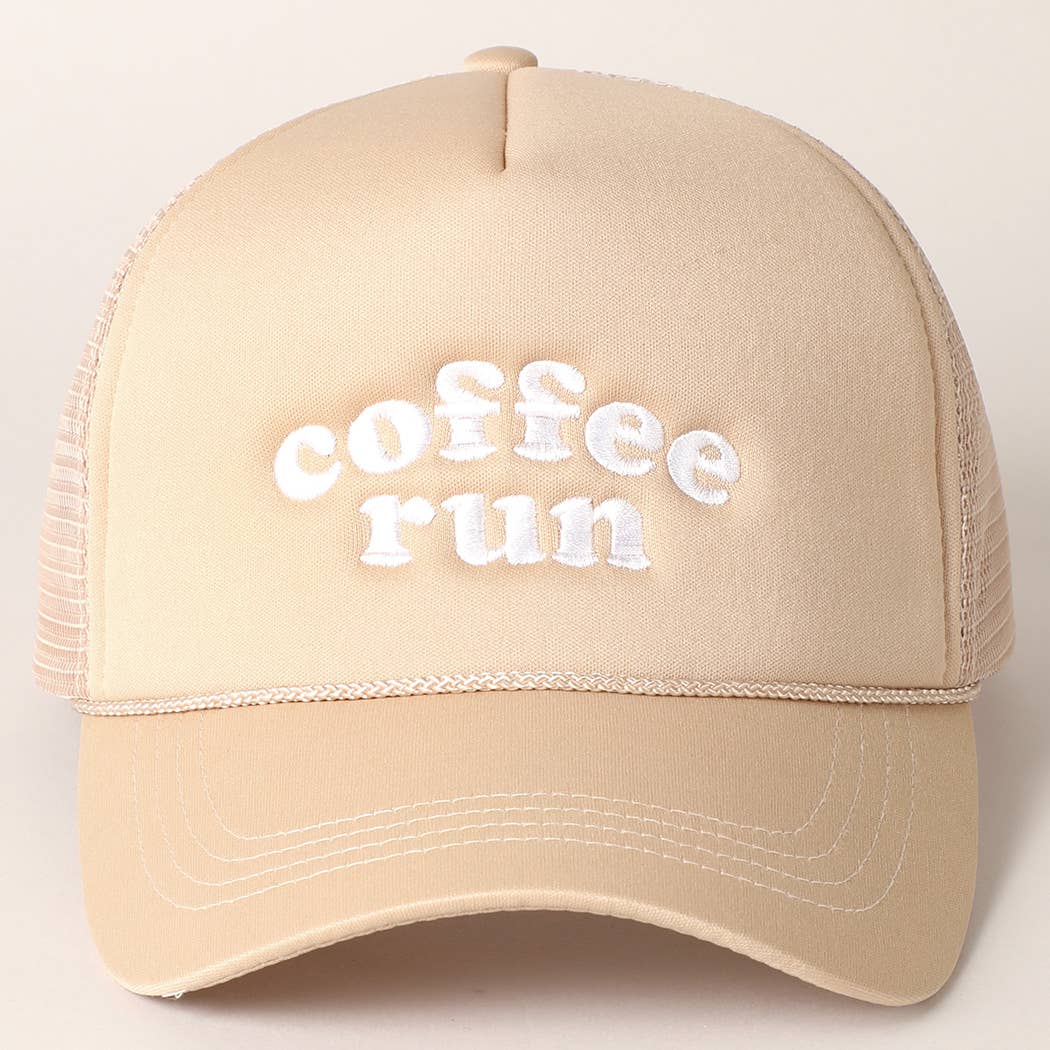 Coffee Run Embroidered Trucker Cap: Tan