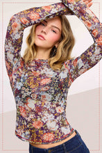 Load image into Gallery viewer, Floral Fields Semi Sheer Crew Neck Long Sleeve Mesh Layering Top: Brown
