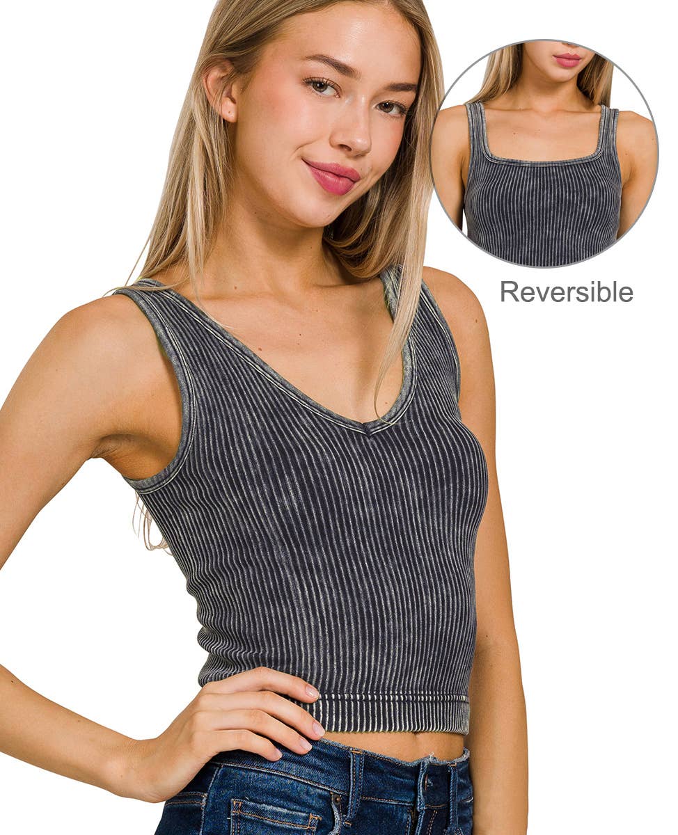 2 Way Neckline Washed Rib Crop Tank BLACK