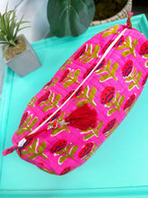 Load image into Gallery viewer, Quilted Makeup Bag | Cosmetic Toiletry Bag | Hot Pink Floral
