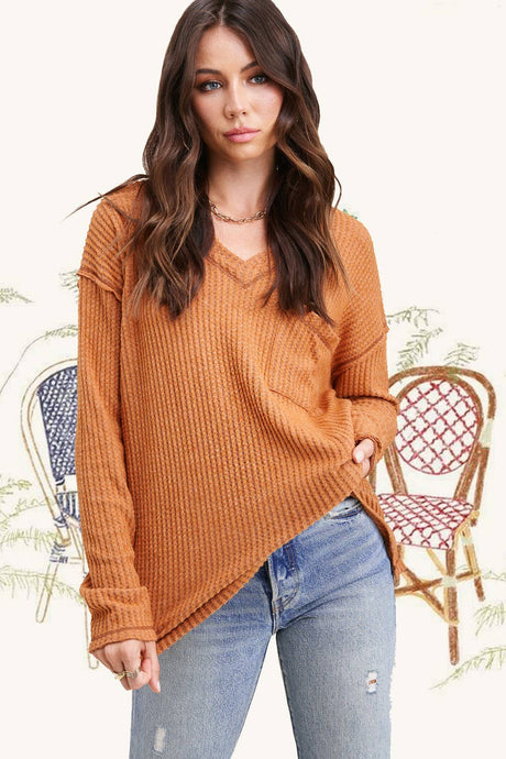 Orange waffle-knit long-sleeved top