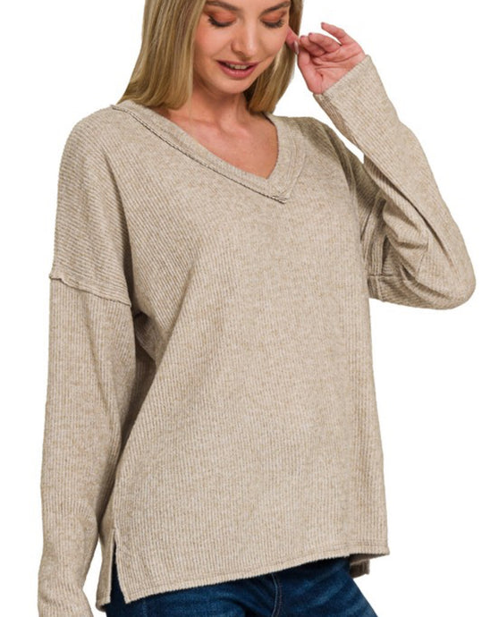 Ribbed, Soft, exposed seams, v-neckline, cozy fashion, neutral