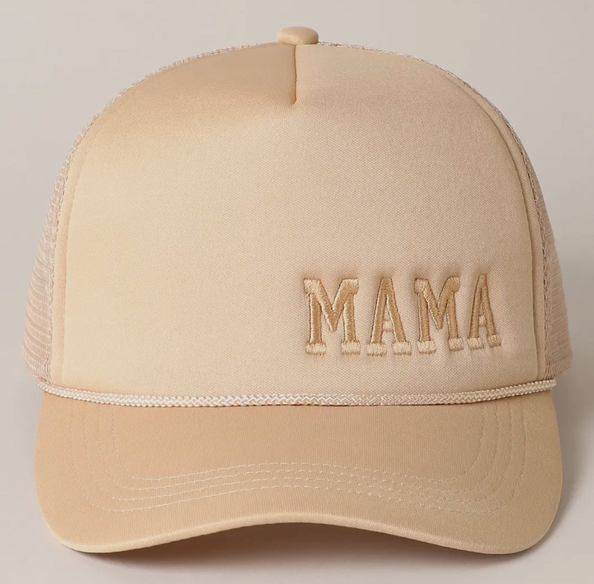 Mama Embroidered Trucker Cap: Tan