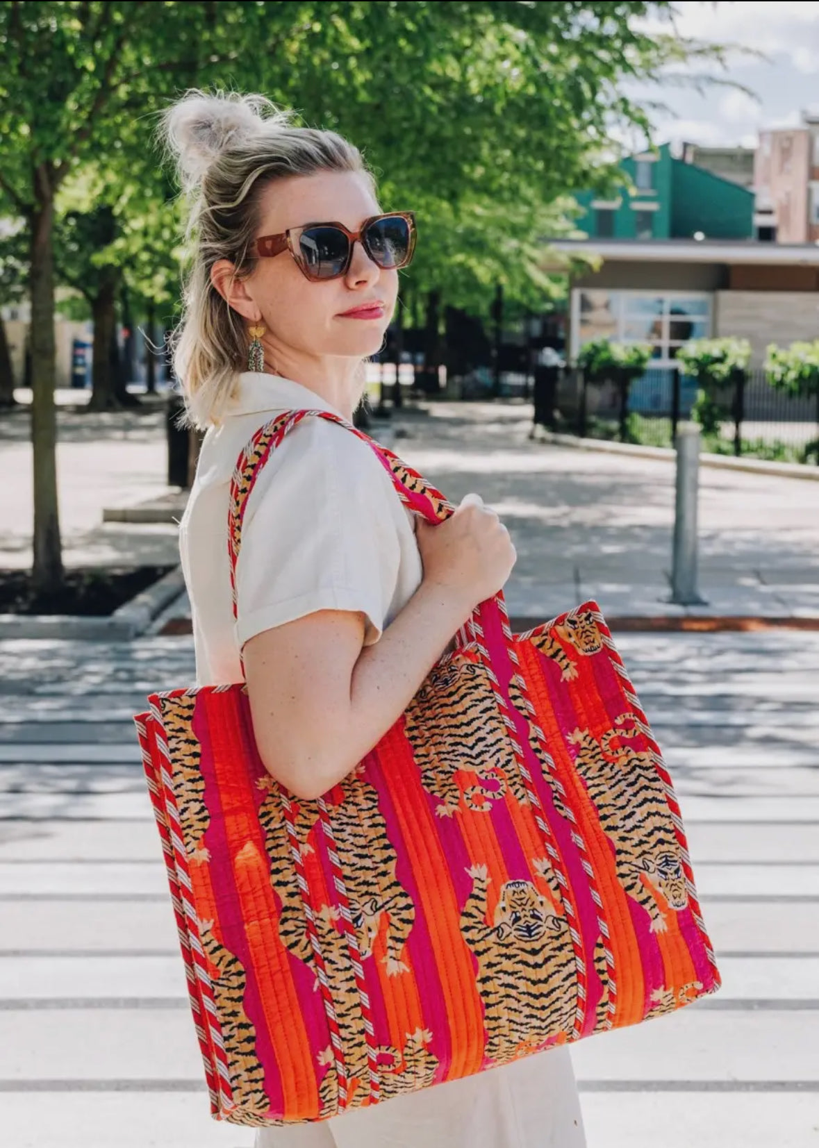 Quilted Tote Bag Orange Tiger