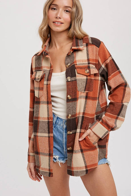 Fall shacket, long sleeve jacket, orange jacket, flannel