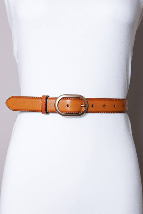 Camel colored belt, oval buckle belt