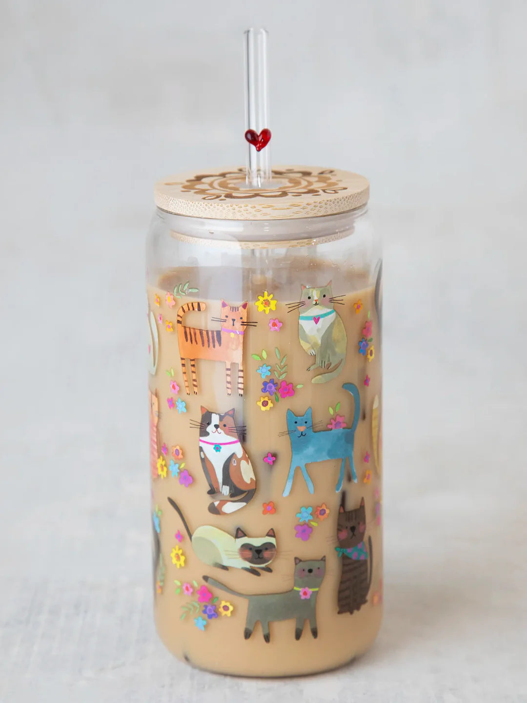 Natural Life Glass Tumbler with Lid & Straw Cat