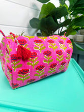 Load image into Gallery viewer, Quilted Makeup Bag | Cosmetic Toiletry Bag | Hot Pink Floral
