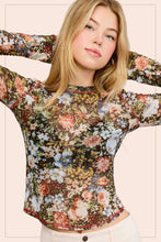 Load image into Gallery viewer, Floral Fields Semi Sheer Crew Neck Long Sleeve Mesh Layering Top: Brown
