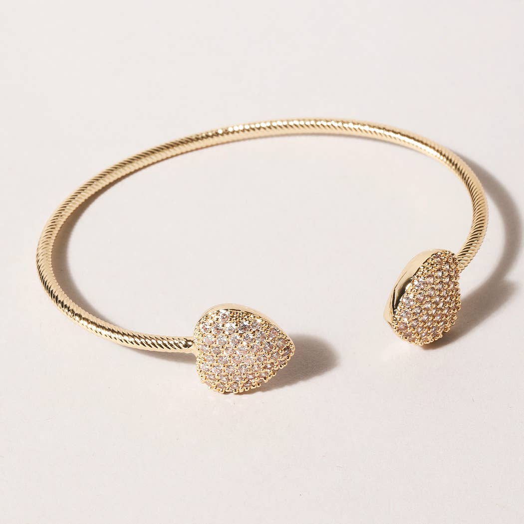 2 Heart Pave Gold Wire Bangle Bracelet