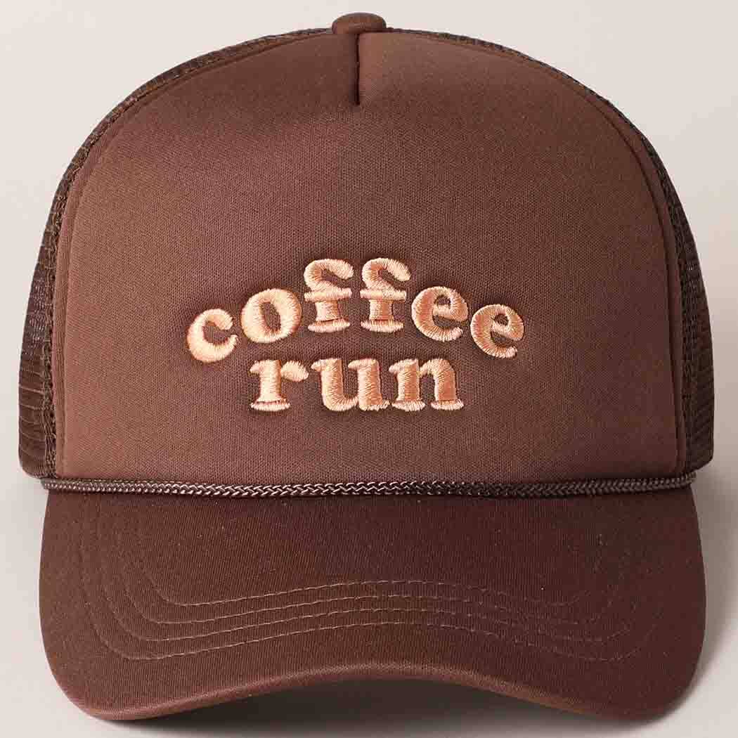 Coffee Run Embroidered Trucker Cap: Brown