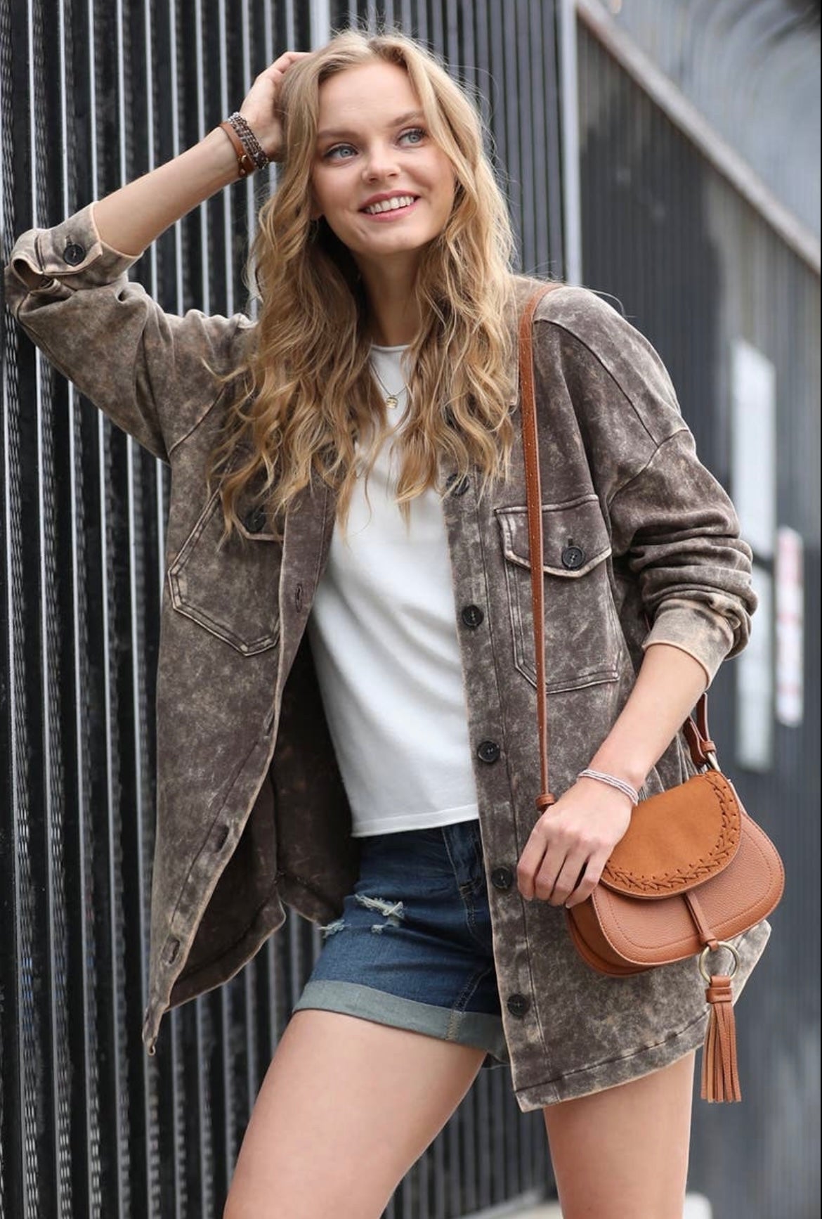 Edgy Acid Washed Shacket Rust Brown