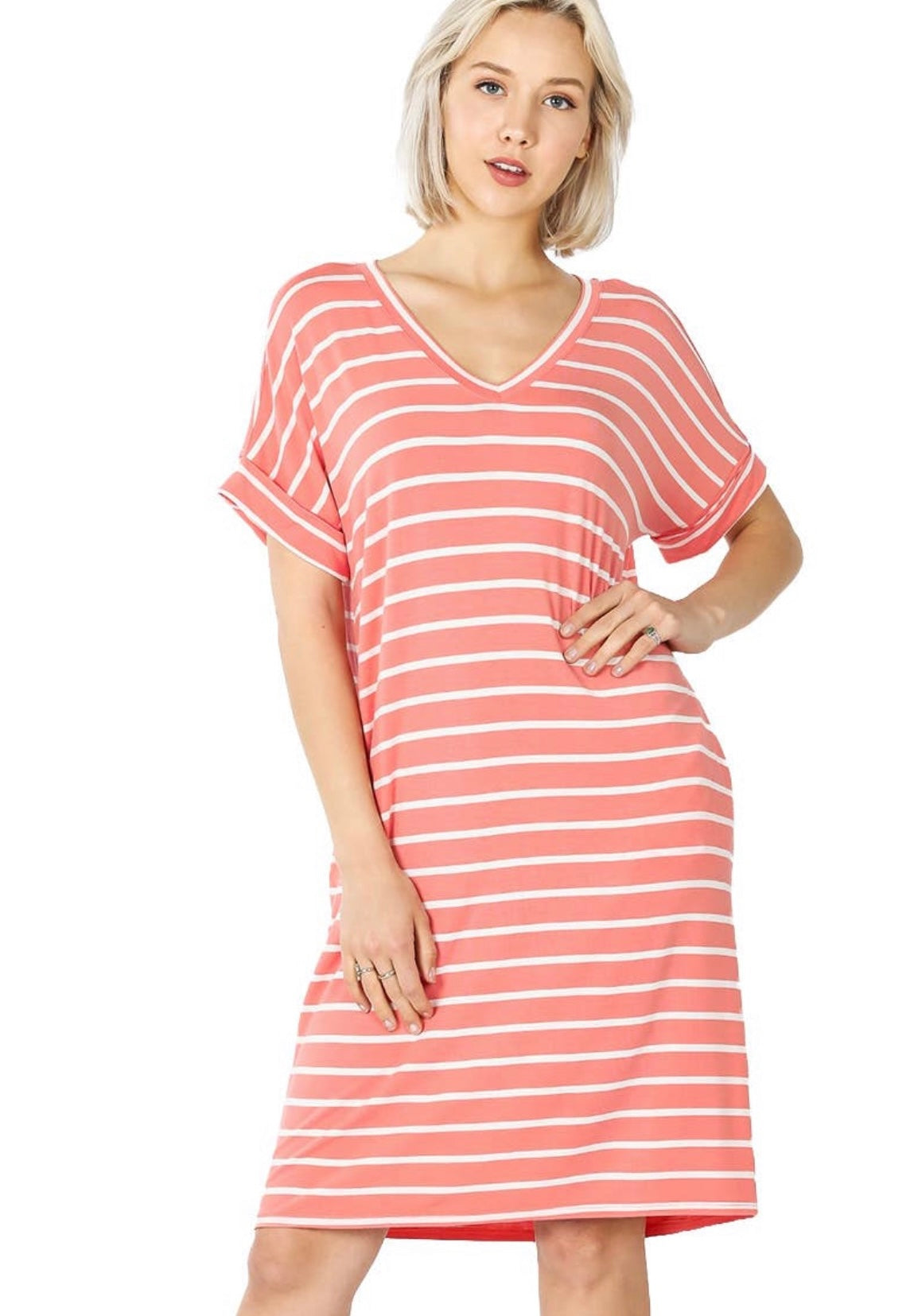 Out of Line Dress Coral and White