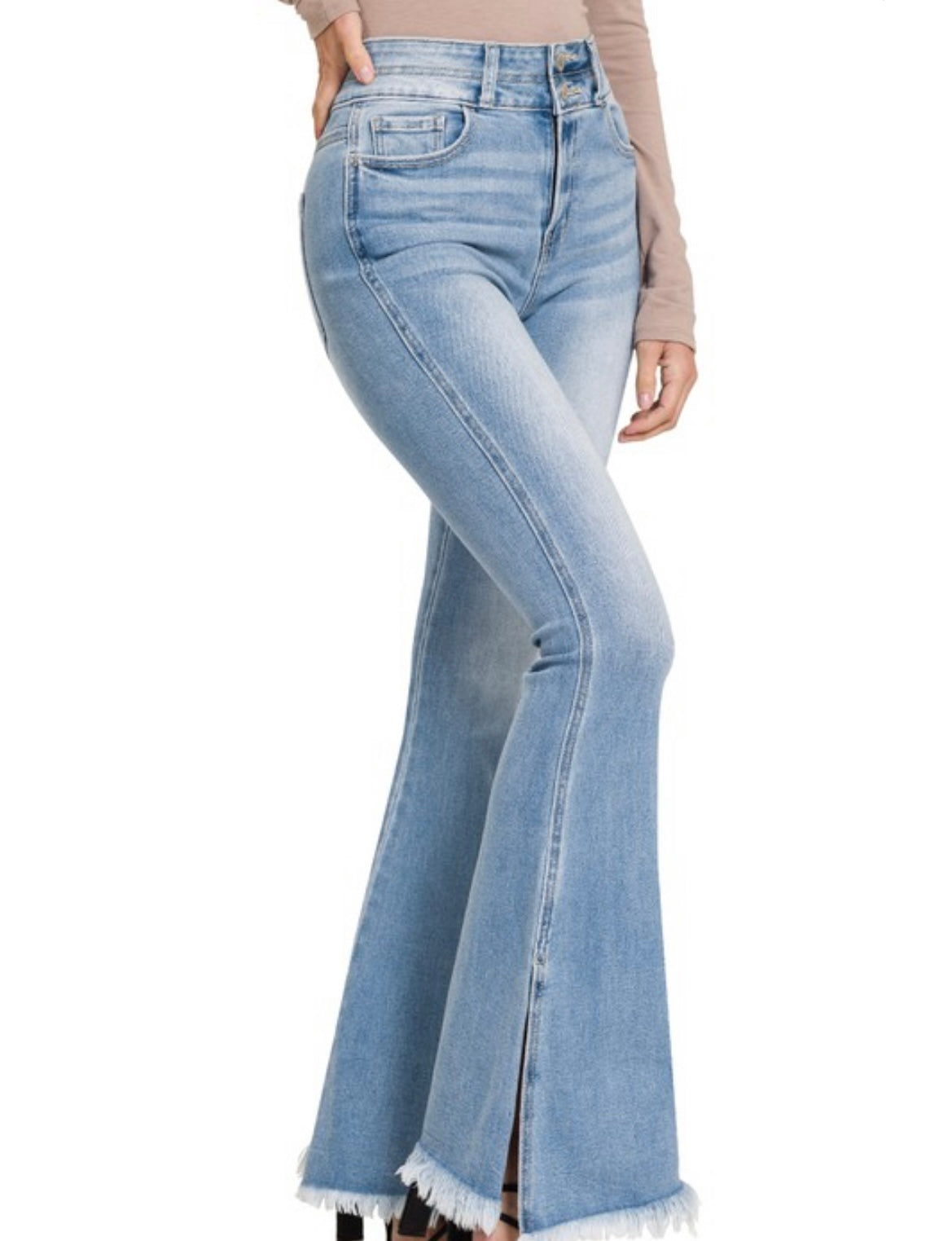 Light High Rise Flare Jeans with Side Slits